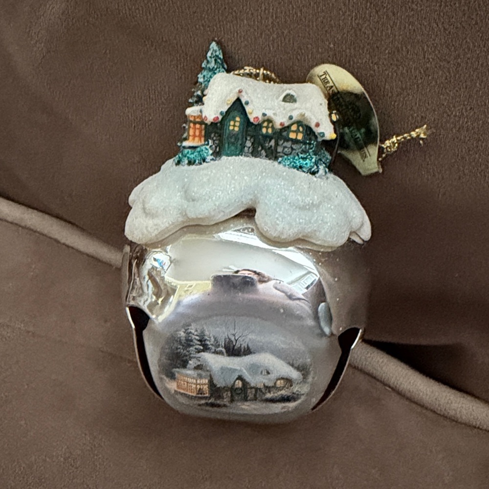 Vintage 2006 Thomas Kinkade sleigh bell silent night Christmas silver with snow